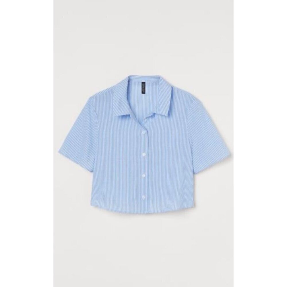H&M Cropped Blue & White Striped Button-Up Shirt, 100%COTTON, SEMI SHEER, BEACH,